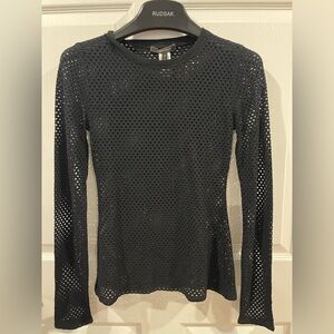 BCBG Black Mesh Long-Sleeve Crewneck Top fishnet seethrough sweater small